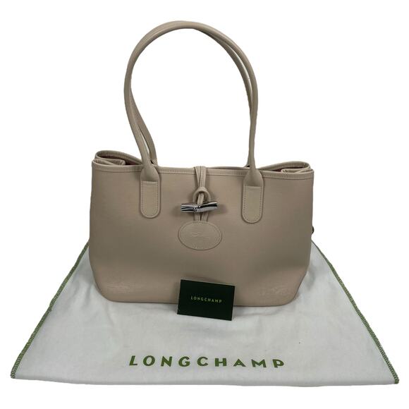 Longchamp Roseau Toggle Leather Tote Shoulder Bag Paper Beige - Picture 2 of 15